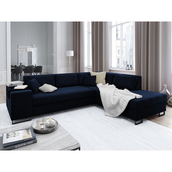 Modrá sametová rozkládací rohová pohovka Cosmopolitan Design York, pravý roh-image-1