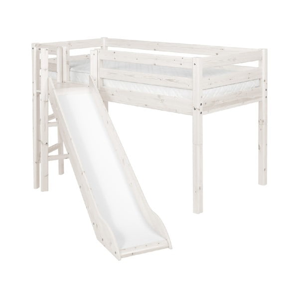 Bílá středně vysoká dětská postel z borovicového dřeva se skluzavkou Flexa Classic, 90 x 200 cm