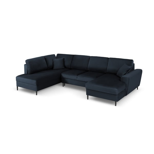 Tmavě modrá sametová rozkládací/s úložným prostorem rohová pohovka (levý roh/do "U") Kyoto – Cosmopolitan Design-image-1