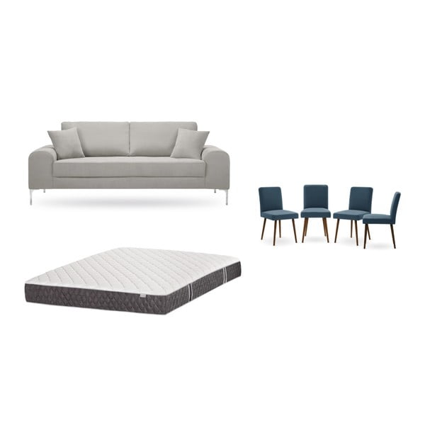 Set třímístné světle šedé pohovky, 4 modrých židlí a matrace 160 x 200 cm Home Essentials