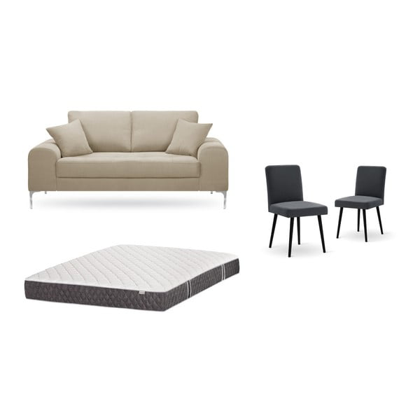 Set dvoumístné šedobéžové pohovky, 2 antracitově šedých židlí a matrace 140 x 200 cm Home Essentials