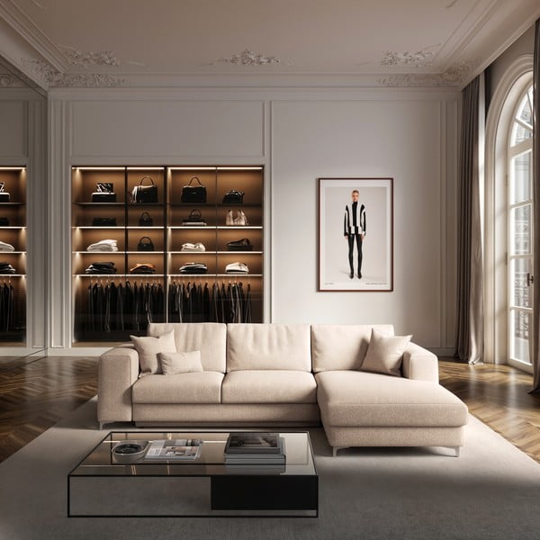 Béžová rozkládací/s úložným prostorem rohová pohovka z textilie bouclé (pravý roh/s lenoškou) Rene – Rodier-image-1