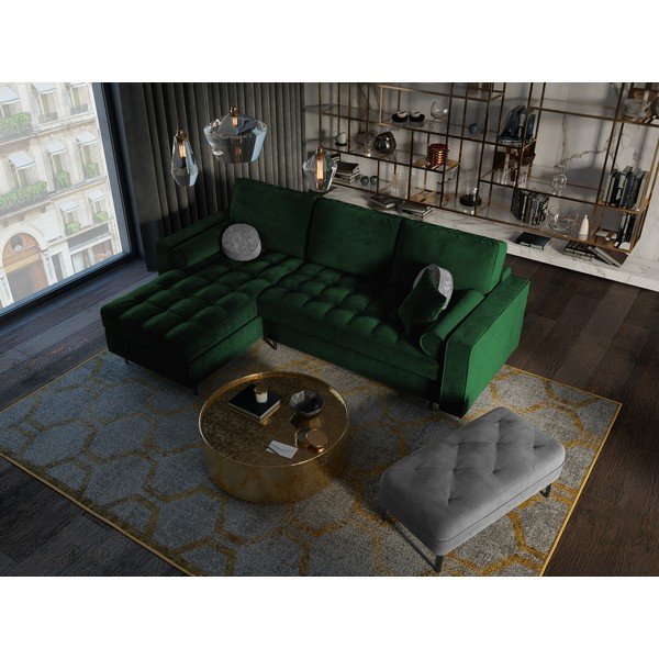 Zelená sametová rozkládací rohová pohovka Milo Casa Santo, levý roh-image-1