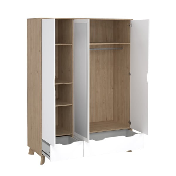 Bílá/v přírodní barvě šatní skříň v dekoru dubu se zrcadlem 147x201x58 cm Ikast – Tvilum-image-3