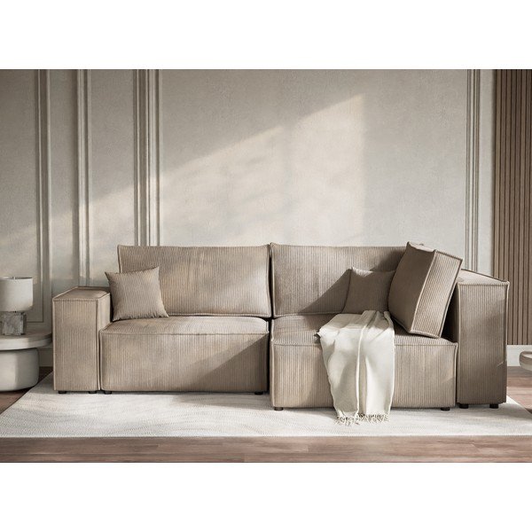 Béžová manšestrová rozkládací/s úložným prostorem rohová pohovka (pravý roh/do L) Tonga – Maison de Rêve-image-1