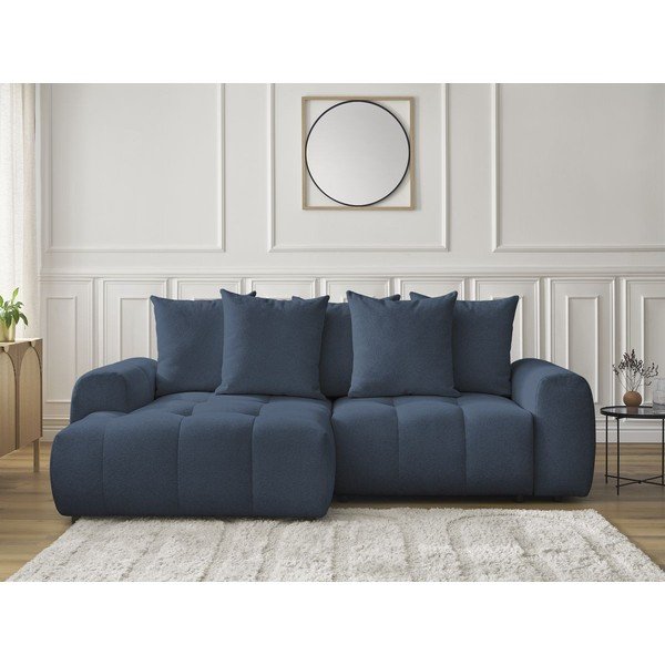 Modrá žinylková rozkládací/s úložným prostorem rohová pohovka (levý roh/s lenoškou) Roxelane – Bobochic Paris-image-1