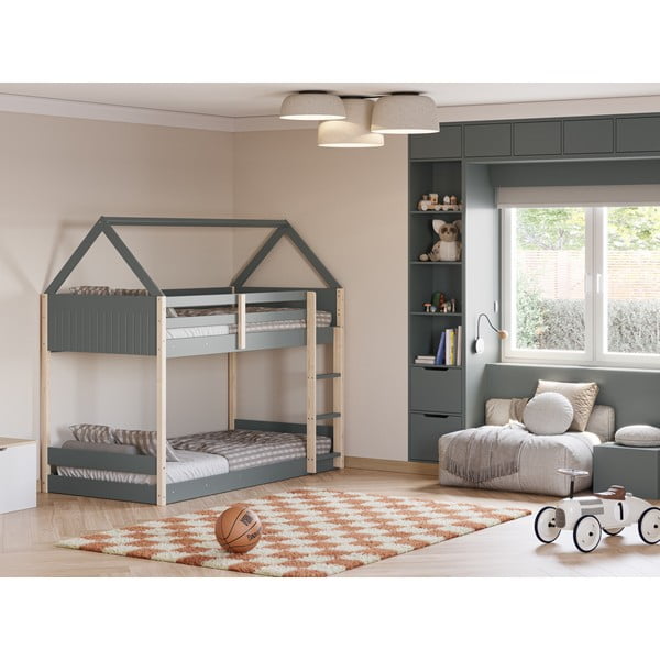 Domečková/patrová dětská postel s roštem 90x190 cm v přírodní barvě/šedozelená Valka – Marckeric-image-4