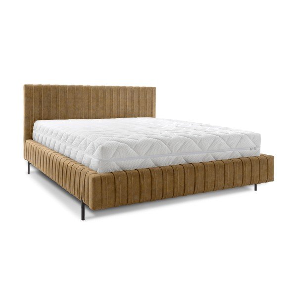 Okrově žlutá čalouněná dvoulůžková postel s úložným prostorem s roštem 180x200 cm Plissa – ELTAP