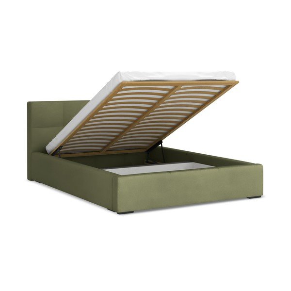 Zelená sametová čalouněná dvoulůžková postel s úložným prostorem s roštem 140x200 cm Hiko – Makamii-image-1