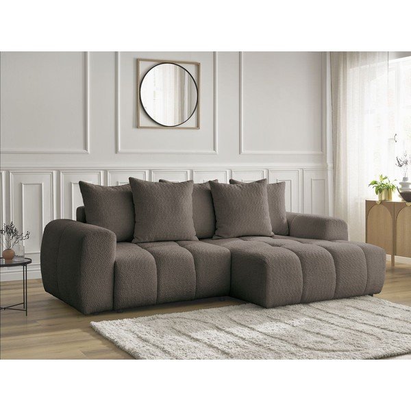 Hnědá rozkládací/s úložným prostorem rohová pohovka z textilie bouclé (pravý roh/s lenoškou) Roxelane – Bobochic Paris-image-4