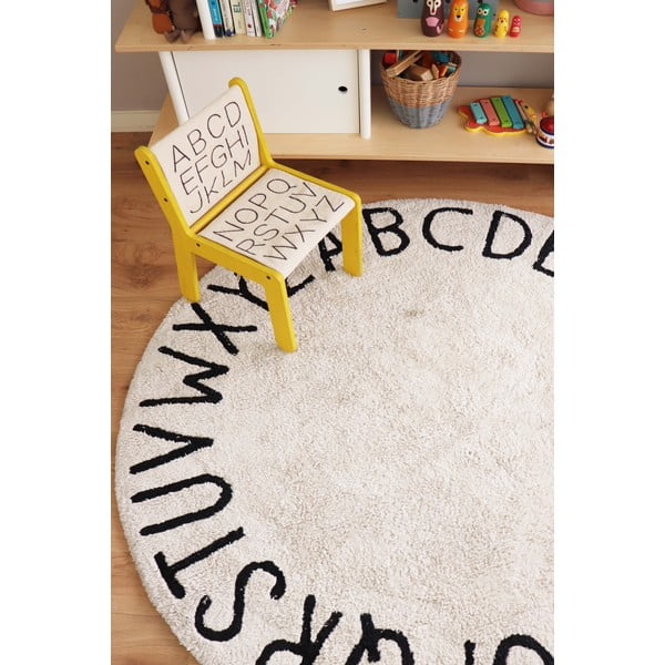Krémový pratelný ručně tkaný bavlněný dětský koberec ø150 cm ABC Natural Black – Lorena Canals-image-4