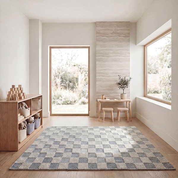 Modrý pratelný koberec s příměsí bavlny 155x230 cm Muted Checkerboard – Flair Rugs-image-3
