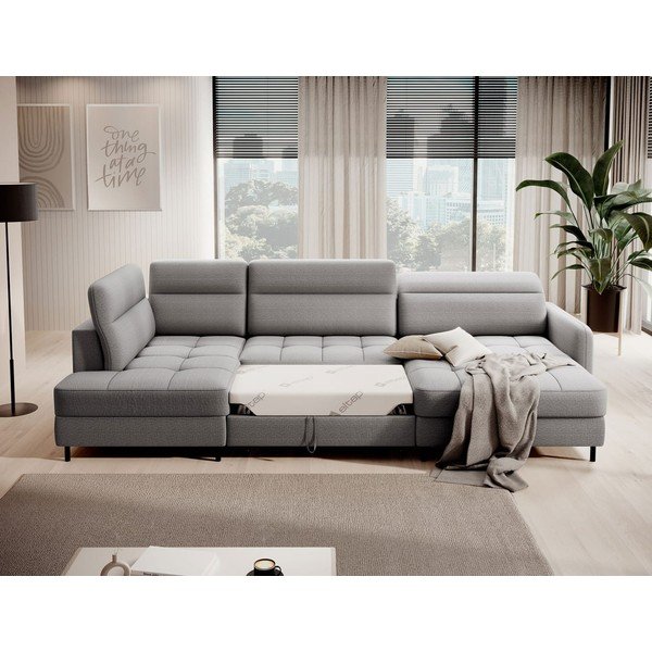 Světle šedá sametová rozkládací/s úložným prostorem rohová pohovka (levý roh/do "U") Berrto – ELTAP-image-4