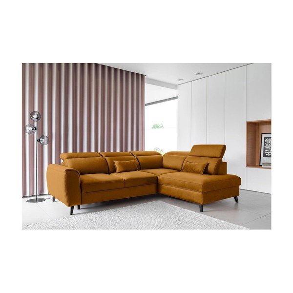 Žlutá sametová rozkládací/s úložným prostorem rohová pohovka (pravý roh/do L) Noble – ELTAP-image-1