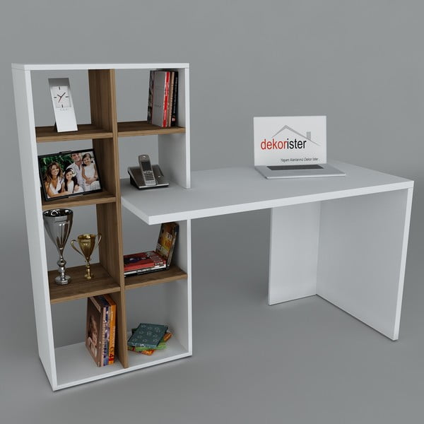 Pracovní stůl s knihovnou Win White/Walnut, 60x151x123,6 cm