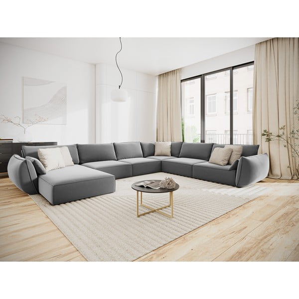 Světle šedá sametová rohová pohovka (pravý roh/do "U") Vanda – Mazzini Sofas-image-1