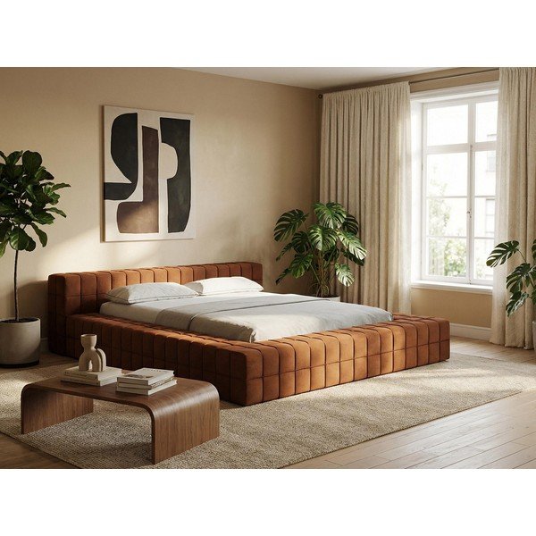 Krémová čalouněná dvoulůžková postel s roštem 140x200 cm Akela – Makamii-image-1