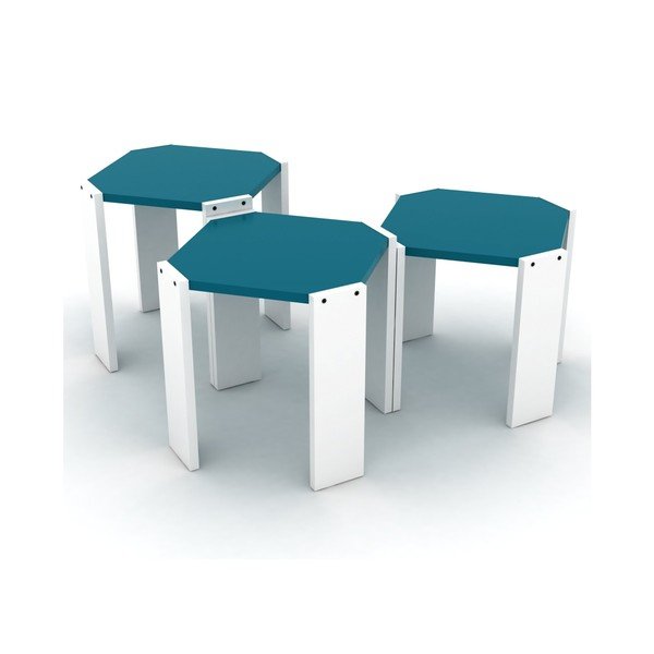 Sada 3 bílých stohovatelných odkládacích stolků s modrým detailem Rafevi Hansel