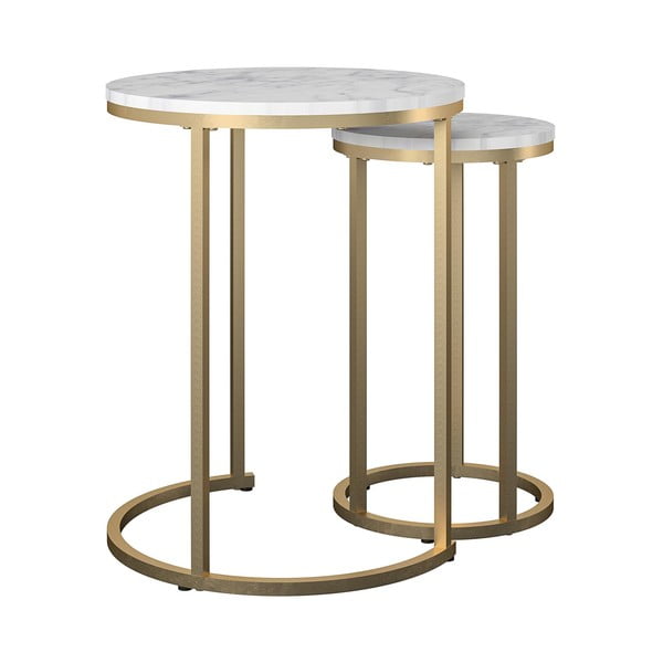 Bílé/ve zlaté barvě kulaté konferenční stolky v sadě 2 ks s deskou v dekoru mramoru ø 45 cm Amelia – CosmoLiving by Cosmopolitan-image-1