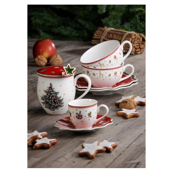 Červeno-bílý porcelánový hrnek s podšálkem s vánočním motivem Villeroy & Boch, 0,3 l-image-2