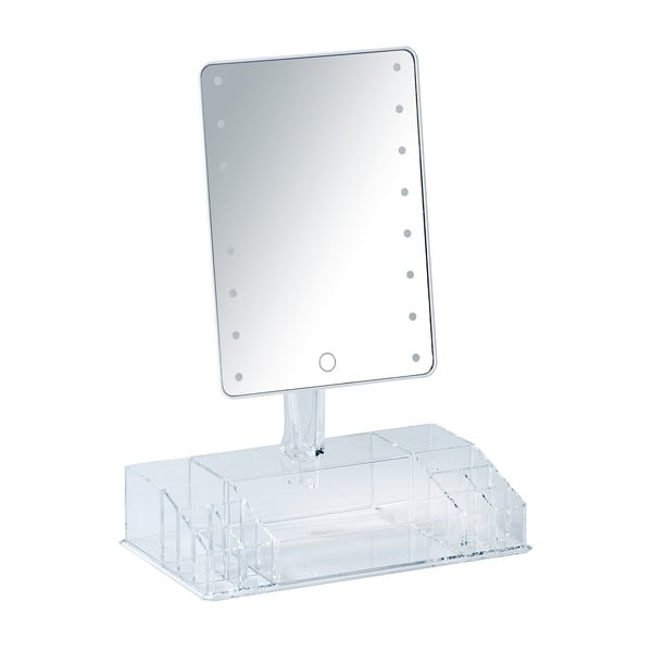 Bílé kosmetické zrcadlo s LED podsvícením a organizérem na make-up Farnese