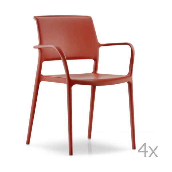 Sada 4 červených  jídelních židlí s područkami Pedrali Ara