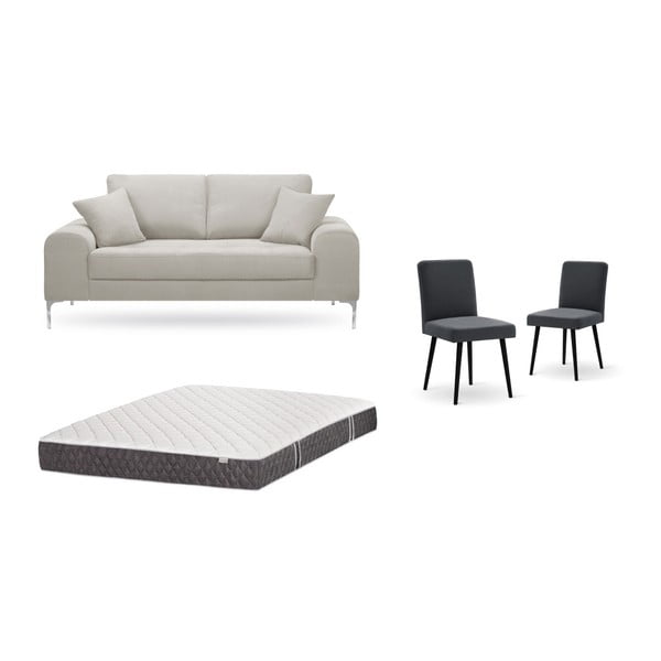 Set dvoumístné krémové pohovky, 2 antracitově šedých židlí a matrace 140 x 200 cm Home Essentials