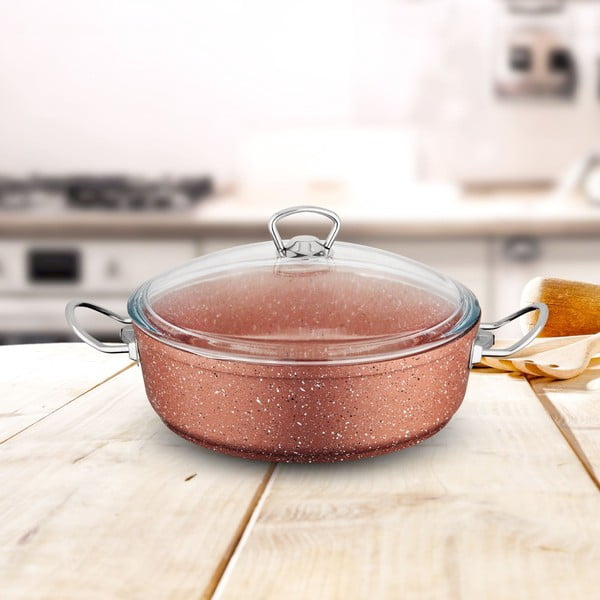 Růžový nízký hliníkový hrnec s poklicí Güral Porselen Classic, ø 26 cm-image-1