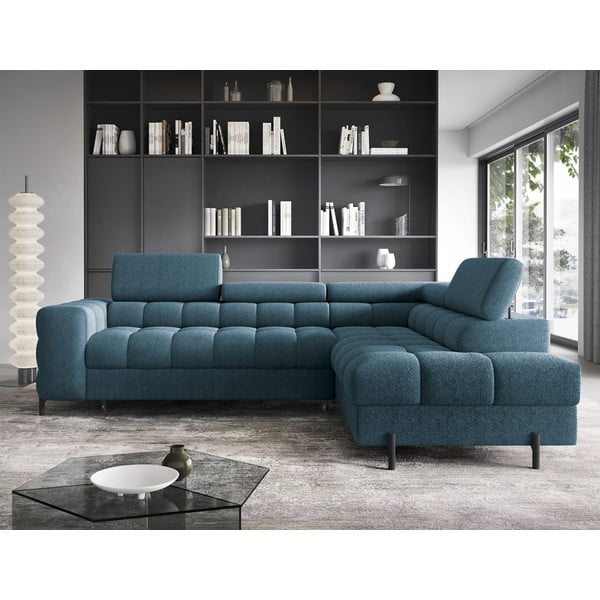 Modrá rozkládací/s úložným prostorem rohová pohovka z textilie bouclé (pravý roh/do L) Ferucce – ELTAP-image-1