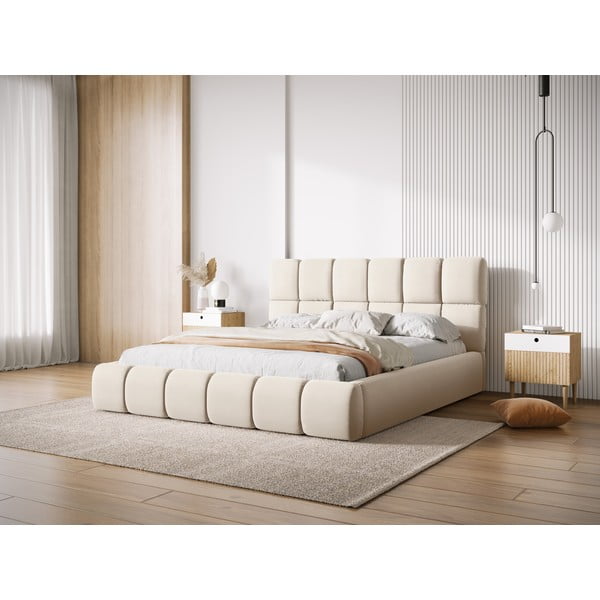 Krémová sametová čalouněná dvoulůžková postel s úložným prostorem s roštem 200x200 cm Bellis – Micadoni -image-1