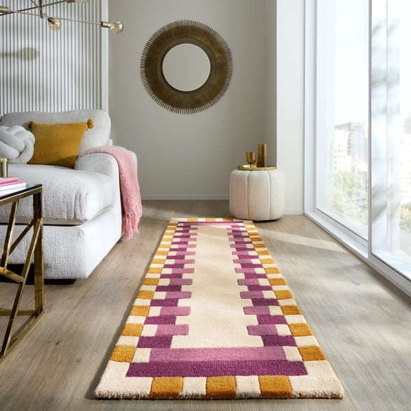 Žluto-růžový ručně tkaný vlněný běhoun 60x230 cm Kai Wool Border – Flair Rugs-image-1