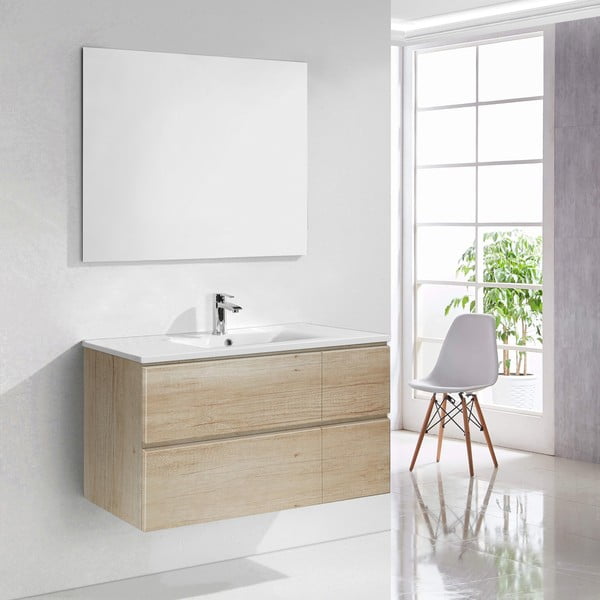 Koupelnová skříňka s umyvadlem a zrcadlem Capri, dekor dřeva, 100 cm