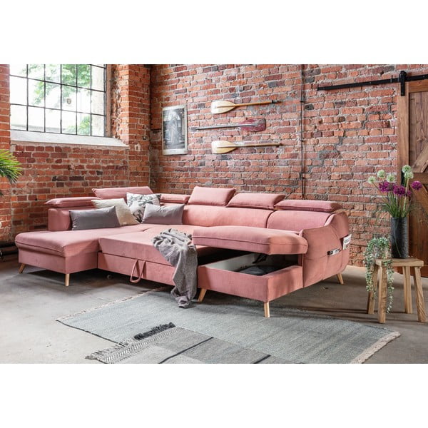Světle růžová sametová rozkládací rohová pohovka do "U" (levý roh) Sweet Harmony – Miuform-image-3