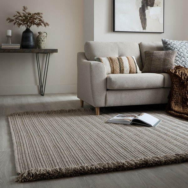 Šedý ručně tkaný koberec s příměsí vlny 160x230 cm Rene Fringed Ribbed – Flair Rugs-image-1