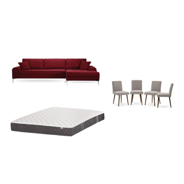 Set červené pohovky s lenoškou vpravo, 4 šedobéžových židlí a matrace 160 x 200 cm Home Essentials