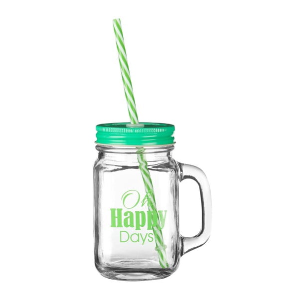 Sklenice se zeleným víčkem a brčkem Premier Housewares Happy Days, 450 ml