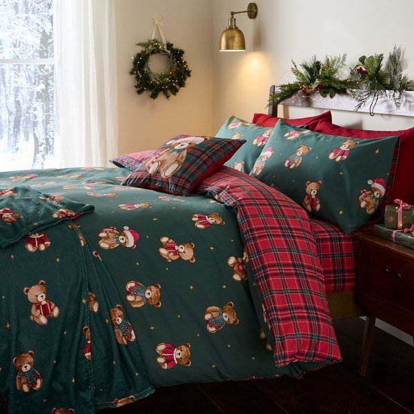 Červené/tmavě zelené povlečení na jednolůžko 150x120 cm Christmas Tartan Teddy Bear – Catherine Lansfield-image-4