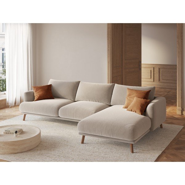 Béžová sametová rohová pohovka (pravý roh/s lenoškou) Naomi – Micadoni -image-1