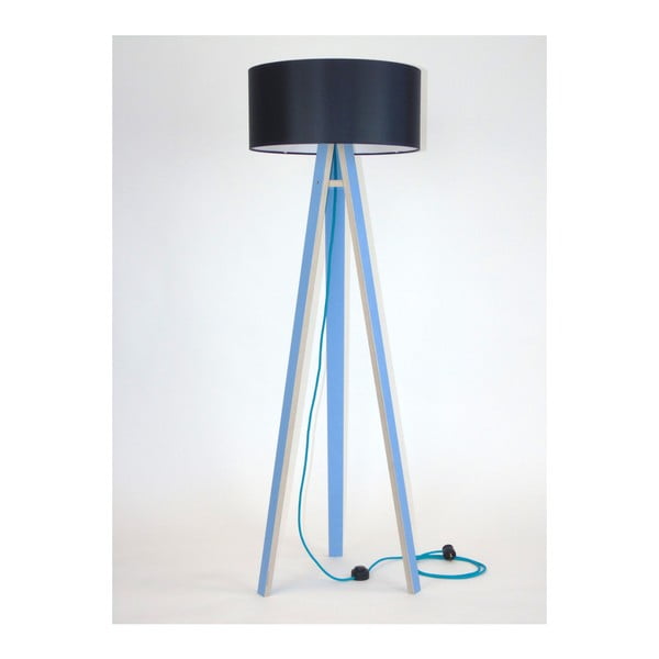 Modrá stojací lampa s černým stínítkem a tyrkysovým kabelem Ragaba Wanda