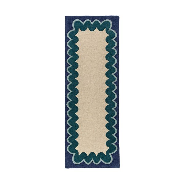 Ručně tkaný vlněný běhoun v přírodní barvě/zelenomodrý 80x230 cm Wiggle Wool – Flair Rugs