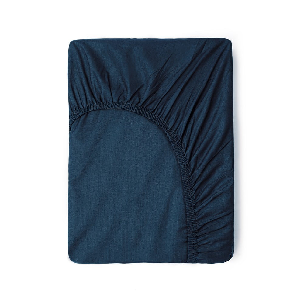 Tmavě modré bavlněné elastické prostěradlo Good Morning, 140 x 200 cm