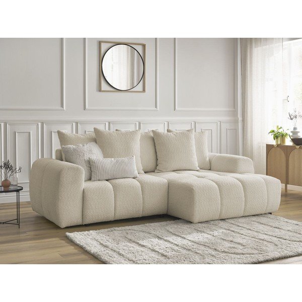 Béžová rozkládací/s úložným prostorem rohová pohovka z textilie bouclé (pravý roh/s lenoškou) Roxelane – Bobochic Paris-image-4