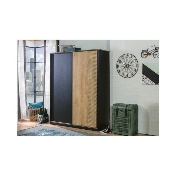 Černá šatní skříň s dveřmi v přírodní barvě Black Sliding Wardrobe-image-4