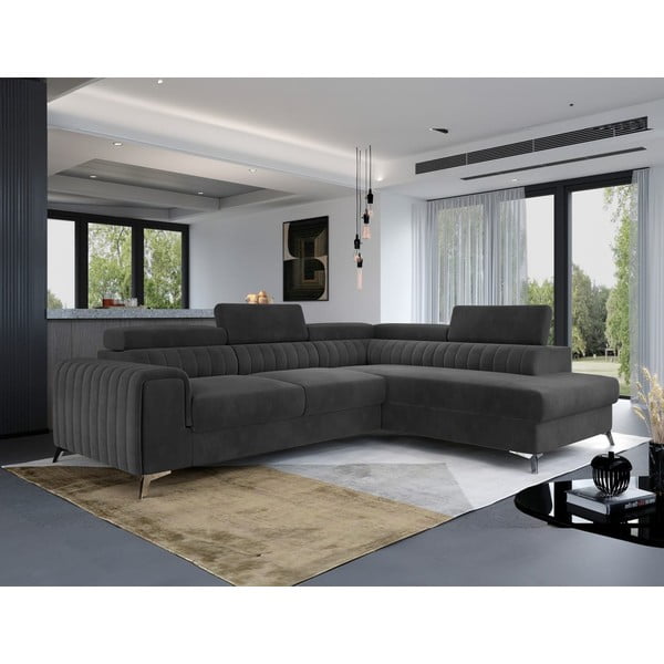 Tmavě šedá sametová rozkládací/s úložným prostorem rohová pohovka (pravý roh/do L) Laurence – ELTAP-image-1