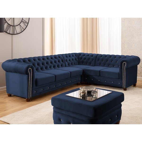 Modrá sametová rozkládací rohová pohovka (pravý roh/do L) York Blik – Ropez-image-1