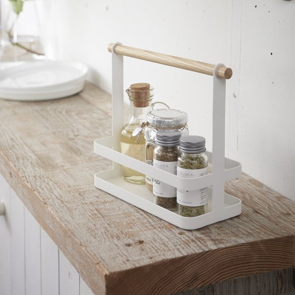 Bílý stojánek s detailem z bukového dřeva na dochucovadla YAMAZAKI Tosca-image-1