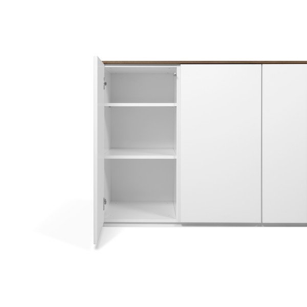 Bílá komoda s deskou z ořechu s 3 šuplíky a 3 dvířkami a černýma nohama TemaHome Join-image-1