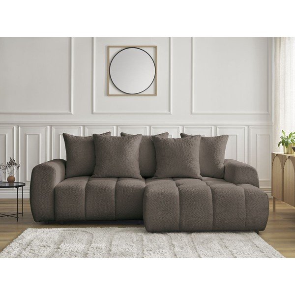 Hnědá rozkládací/s úložným prostorem rohová pohovka z textilie bouclé (pravý roh/s lenoškou) Roxelane – Bobochic Paris-image-1