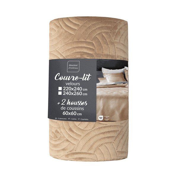 Béžový sametový set přehozu a povlaku na polštář 240x260 cm Solange – douceur d'intérieur
