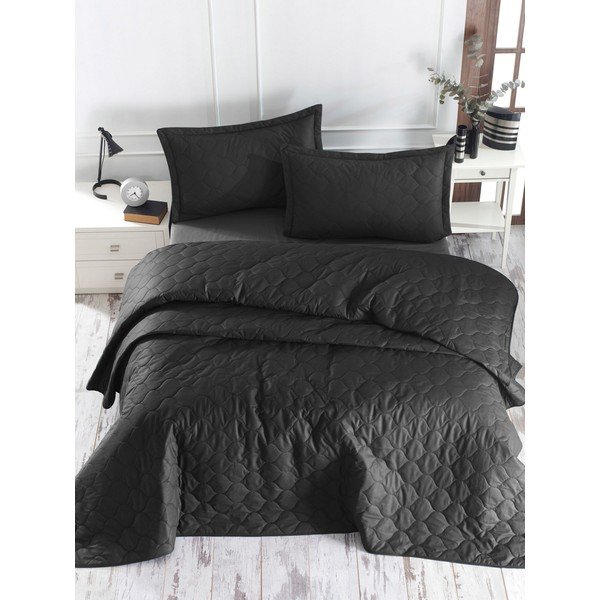 Černý přehoz přes postel s povlakem na polštář z ranforce bavlny EnLora Home Fresh, 180 x 225 cm